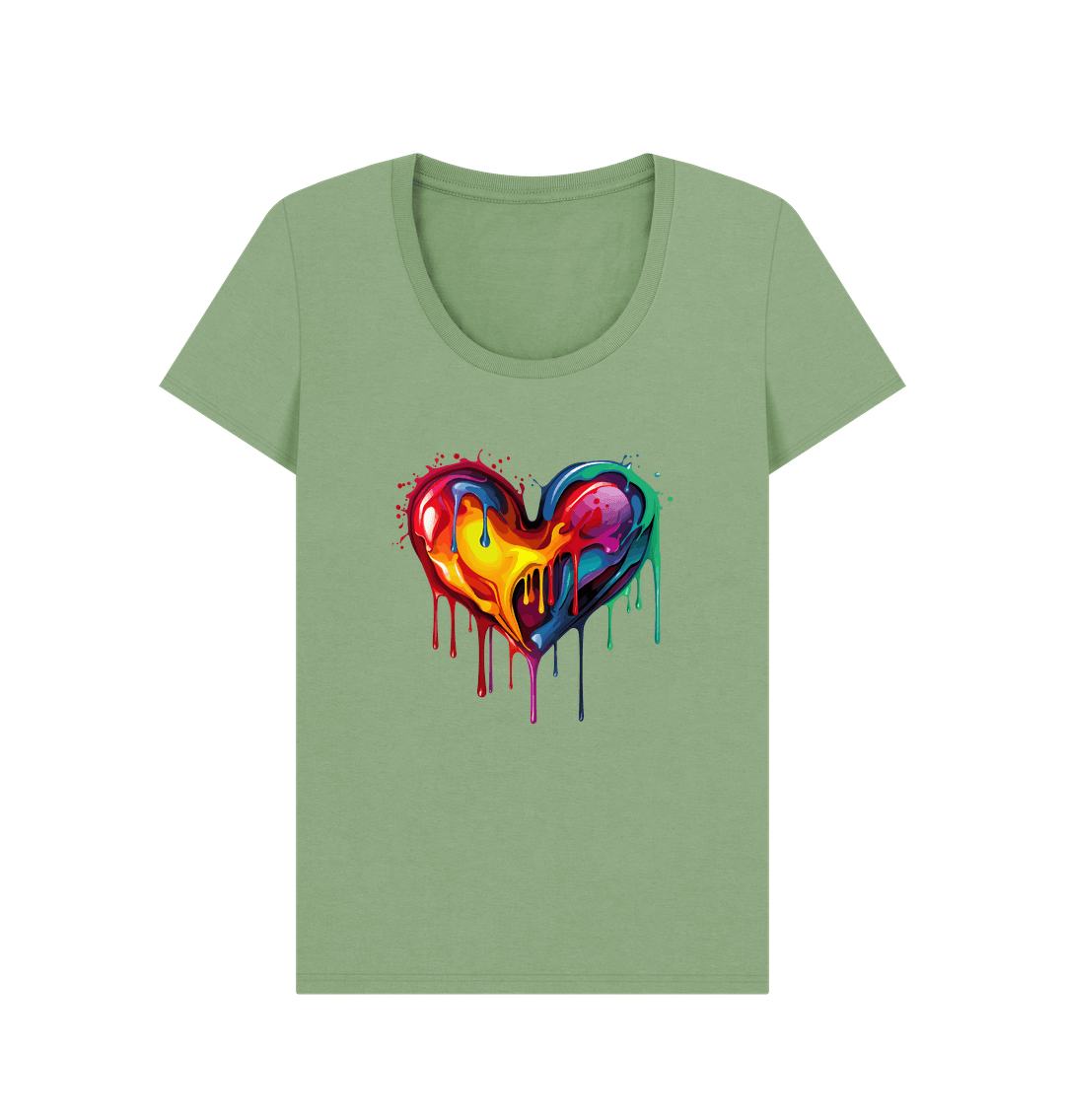 Green t-shirt with colorful dripping heart design