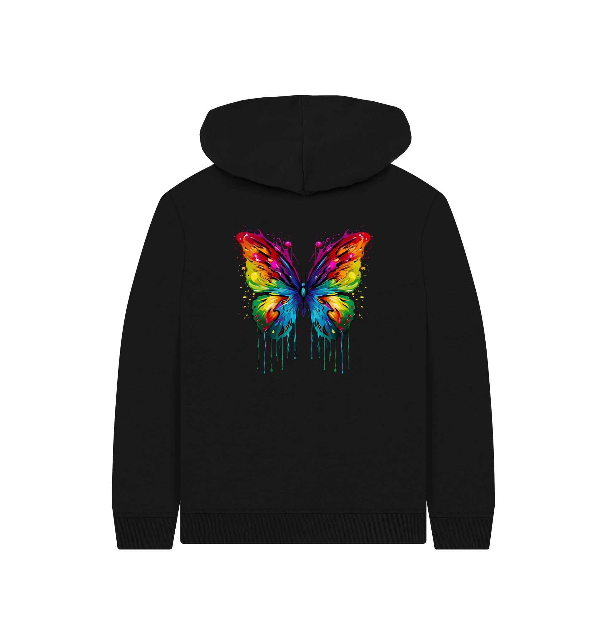 Black hoodie with colorful butterfly design