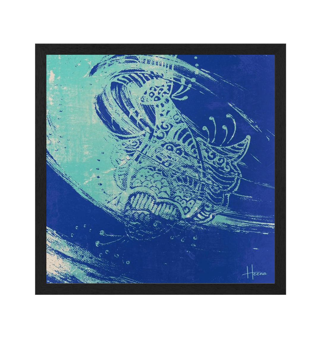 Framed linocut print of a fish