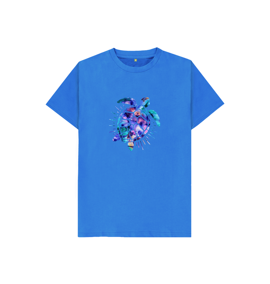 Blue t-shirt with colorful turtle graphic
