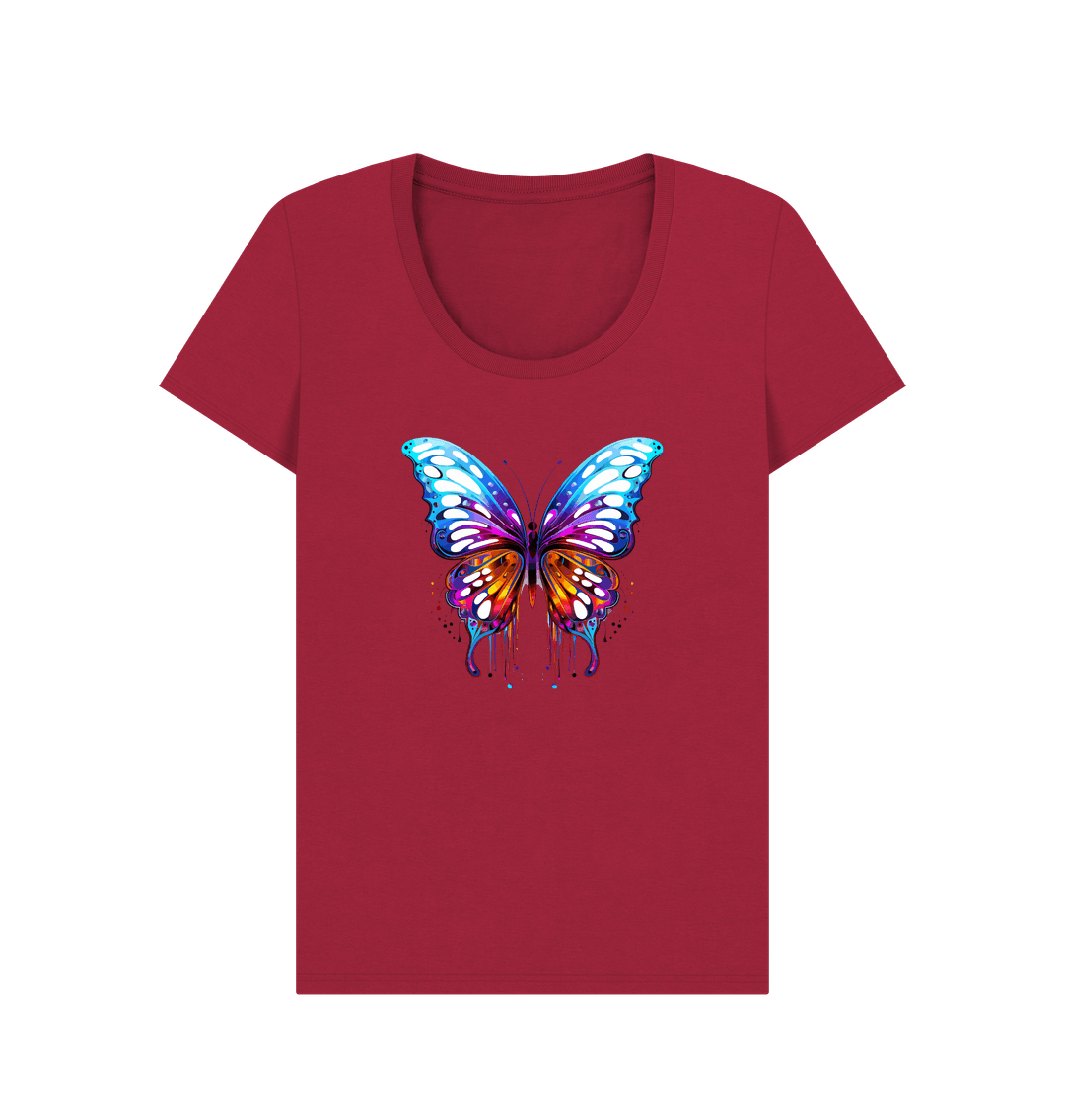 Red t-shirt with colorful butterfly design