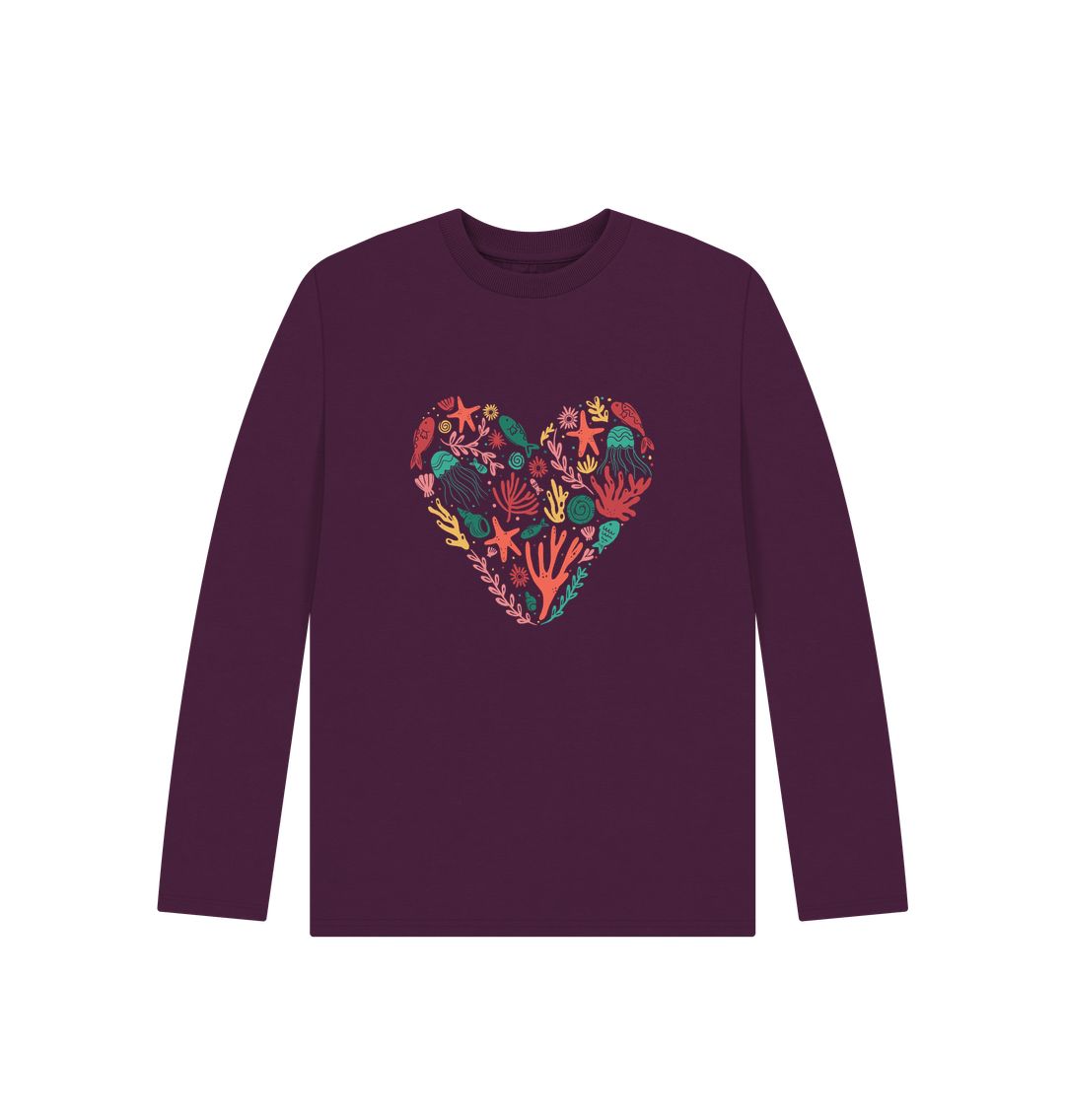 Purple long-sleeved t-shirt with heart-shaped marine life design