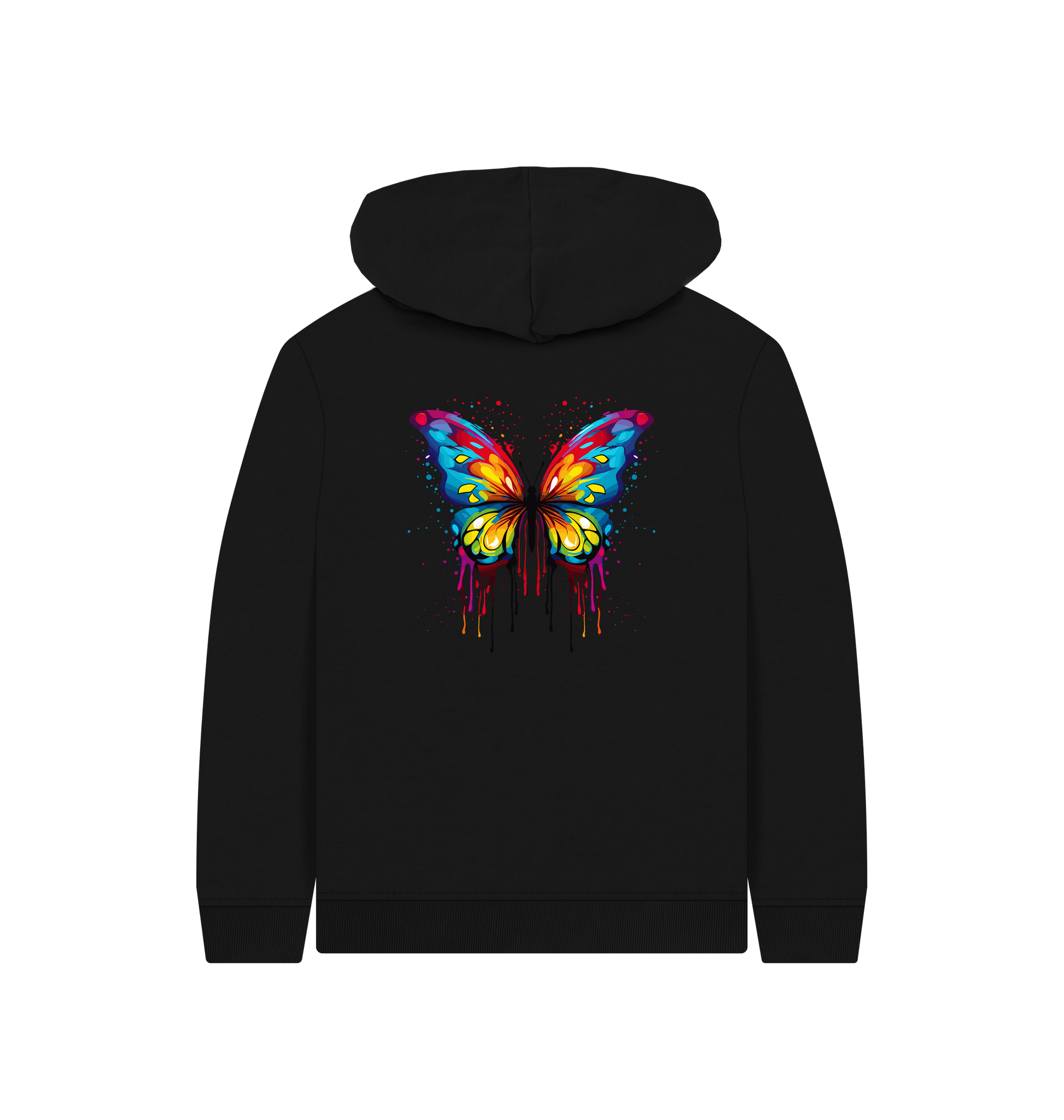 Black hoodie with colorful butterfly design