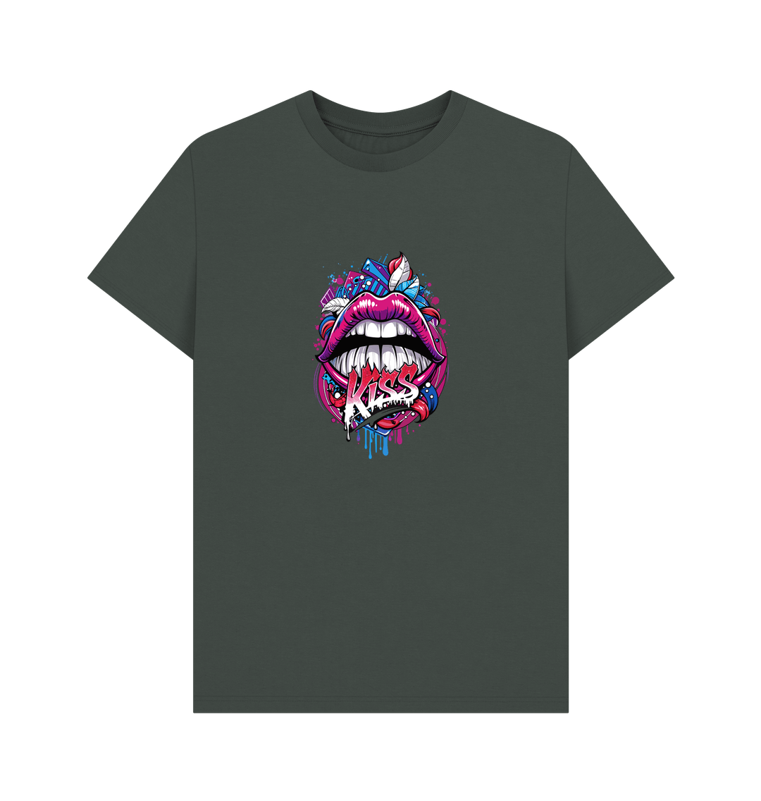 Dark green t-shirt with colorful lips graphic