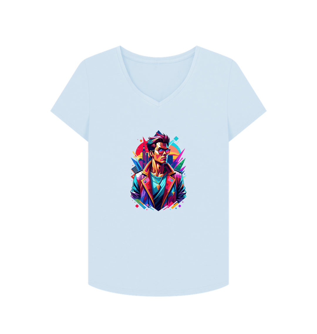 White V-neck t-shirt with colorful graphic