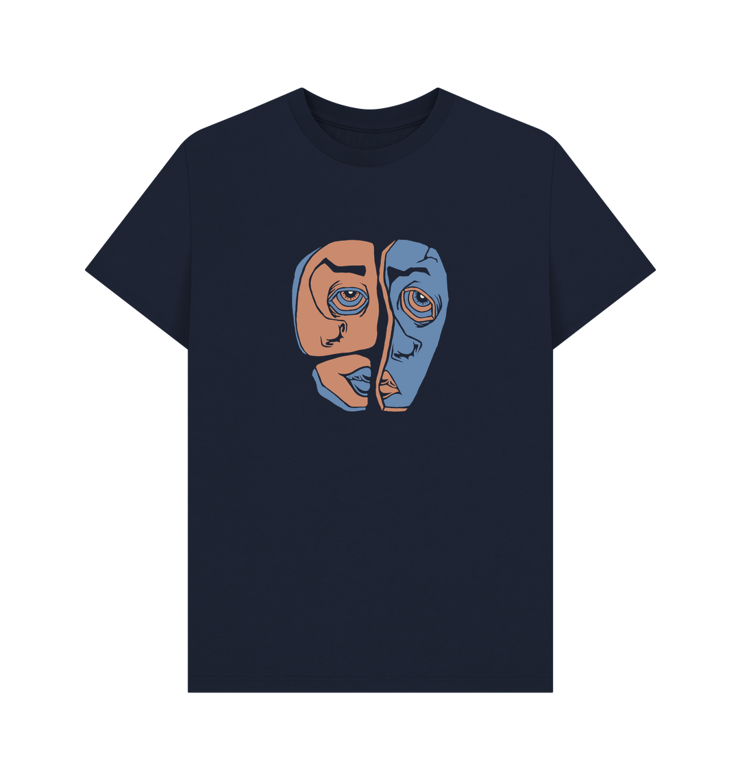 Navy blue t-shirt with split face graphic