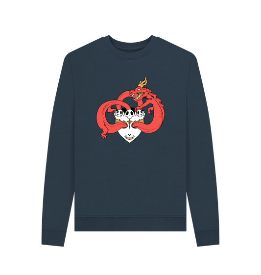 Dark blue sweatshirt with red dragon and skull design