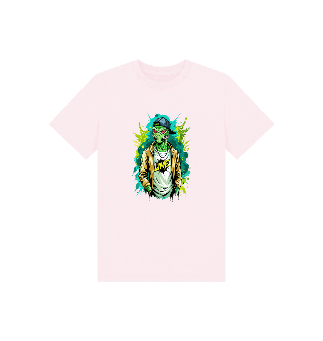 Pink t-shirt with green alien graphic
