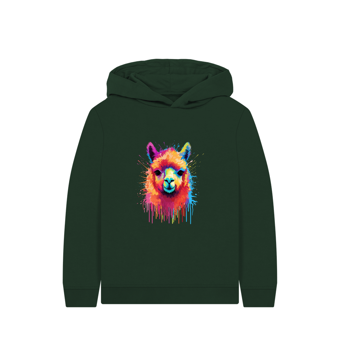 Green hoodie with colorful llama graphic
