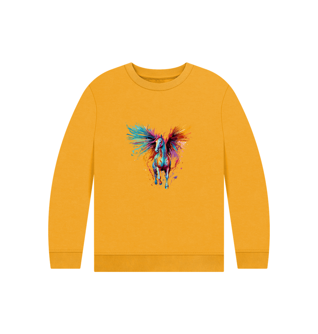 Yellow sweatshirt with colorful horse graphic
