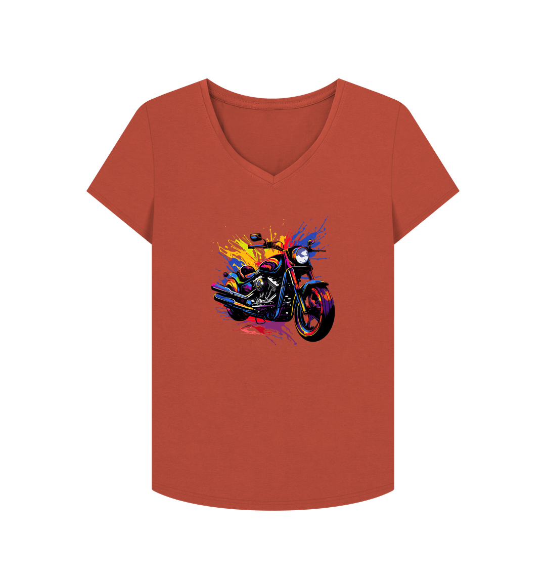 Orange t-shirt with colorful motorcycle graphic