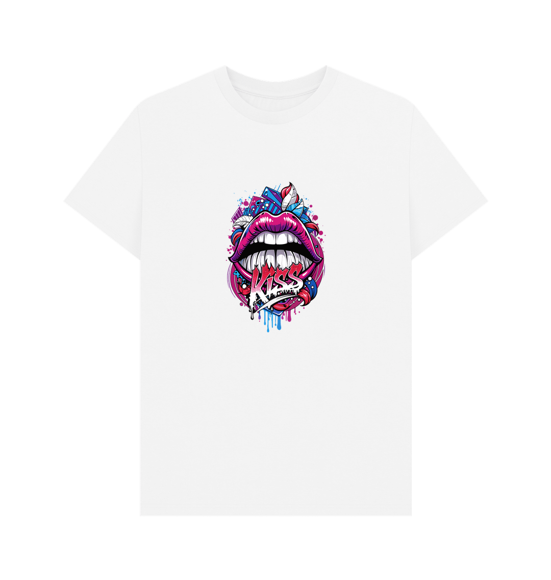 White t-shirt with colorful lips graphic