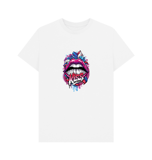 White t-shirt with colorful lips graphic