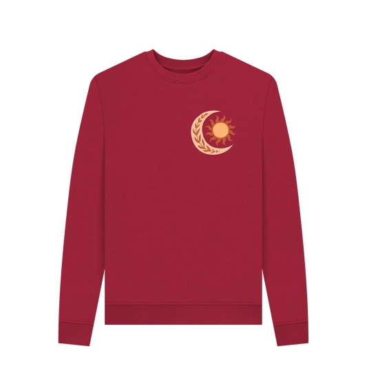 Red sweatshirt with sun and moon design