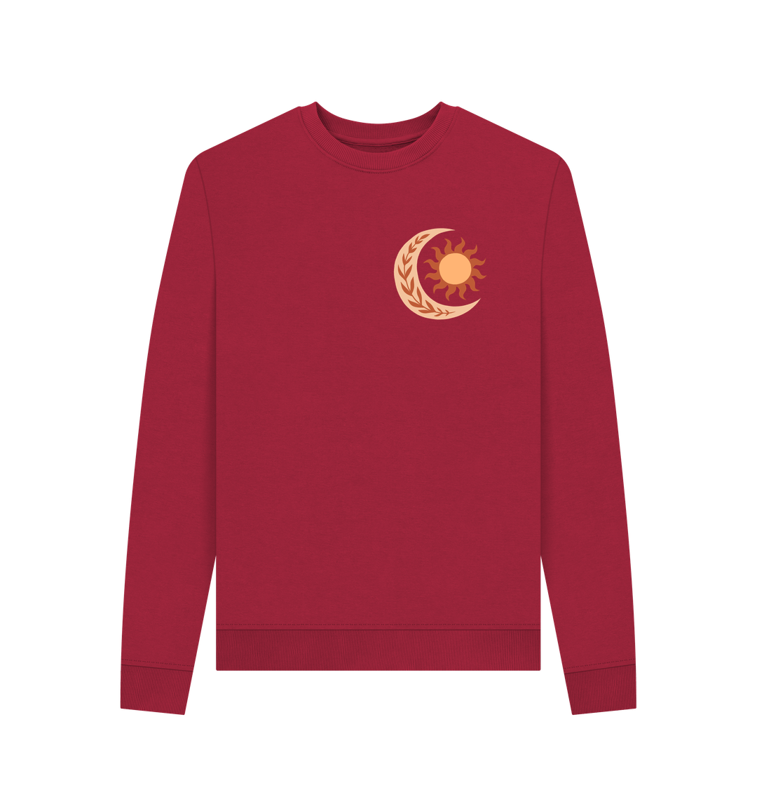 Red sweatshirt with sun and moon design