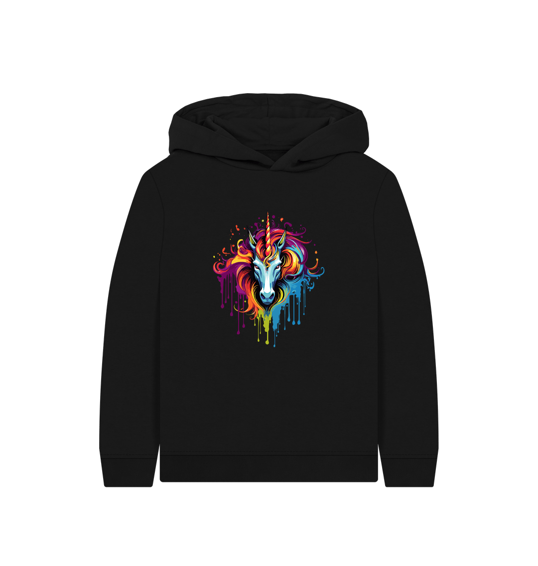 Black hoodie with colorful unicorn design