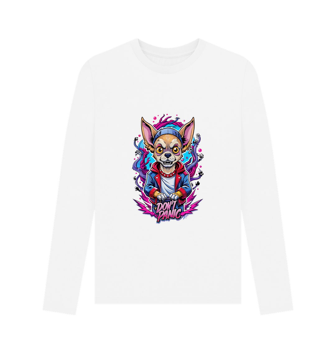 White long-sleeved t-shirt with colorful dog graphic