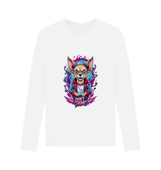 White long-sleeved t-shirt with colorful dog graphic