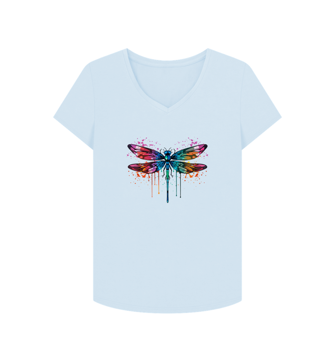 White t-shirt with colorful dragonfly design
