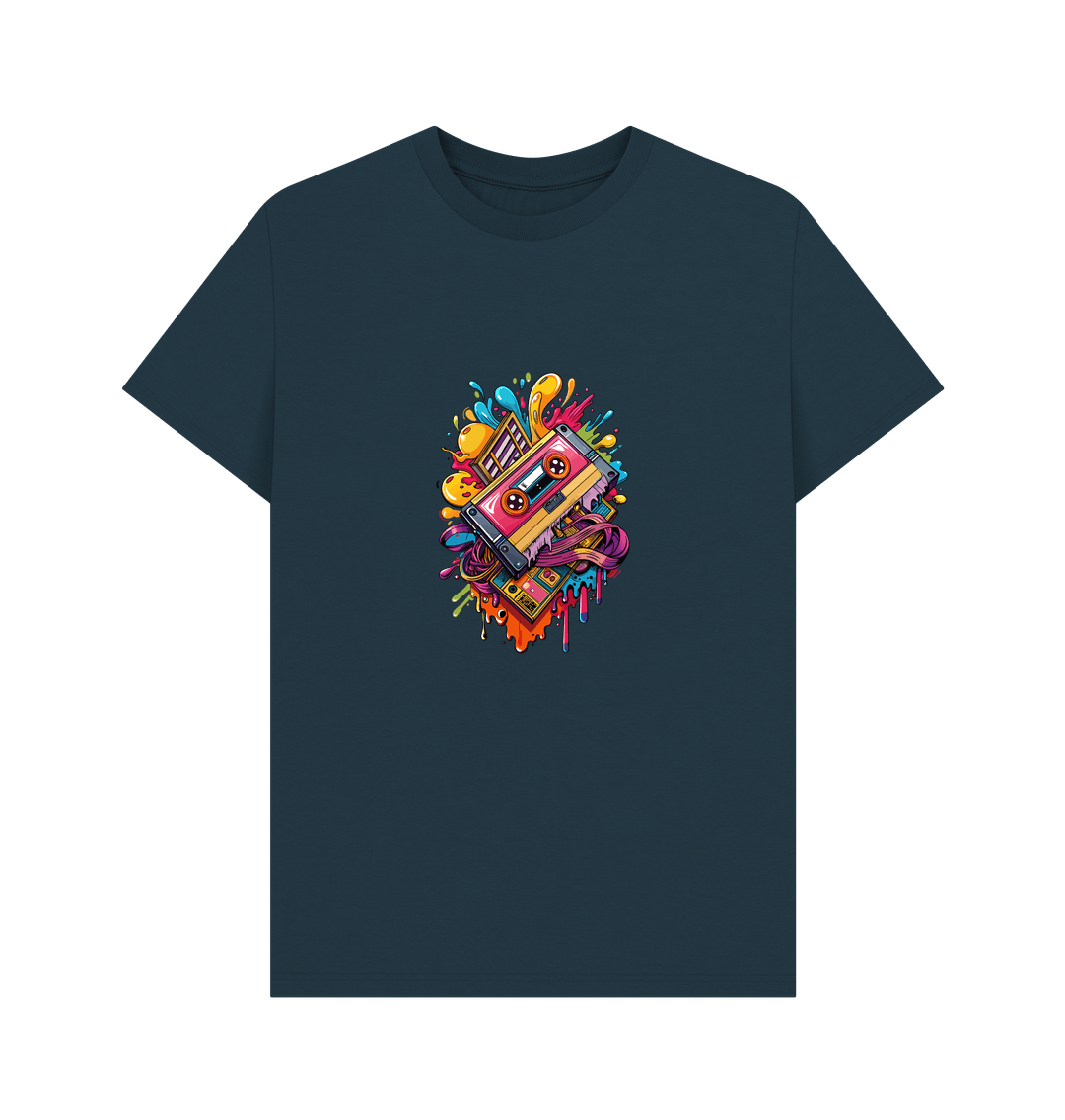 Dark blue t-shirt with colorful cassette tape design