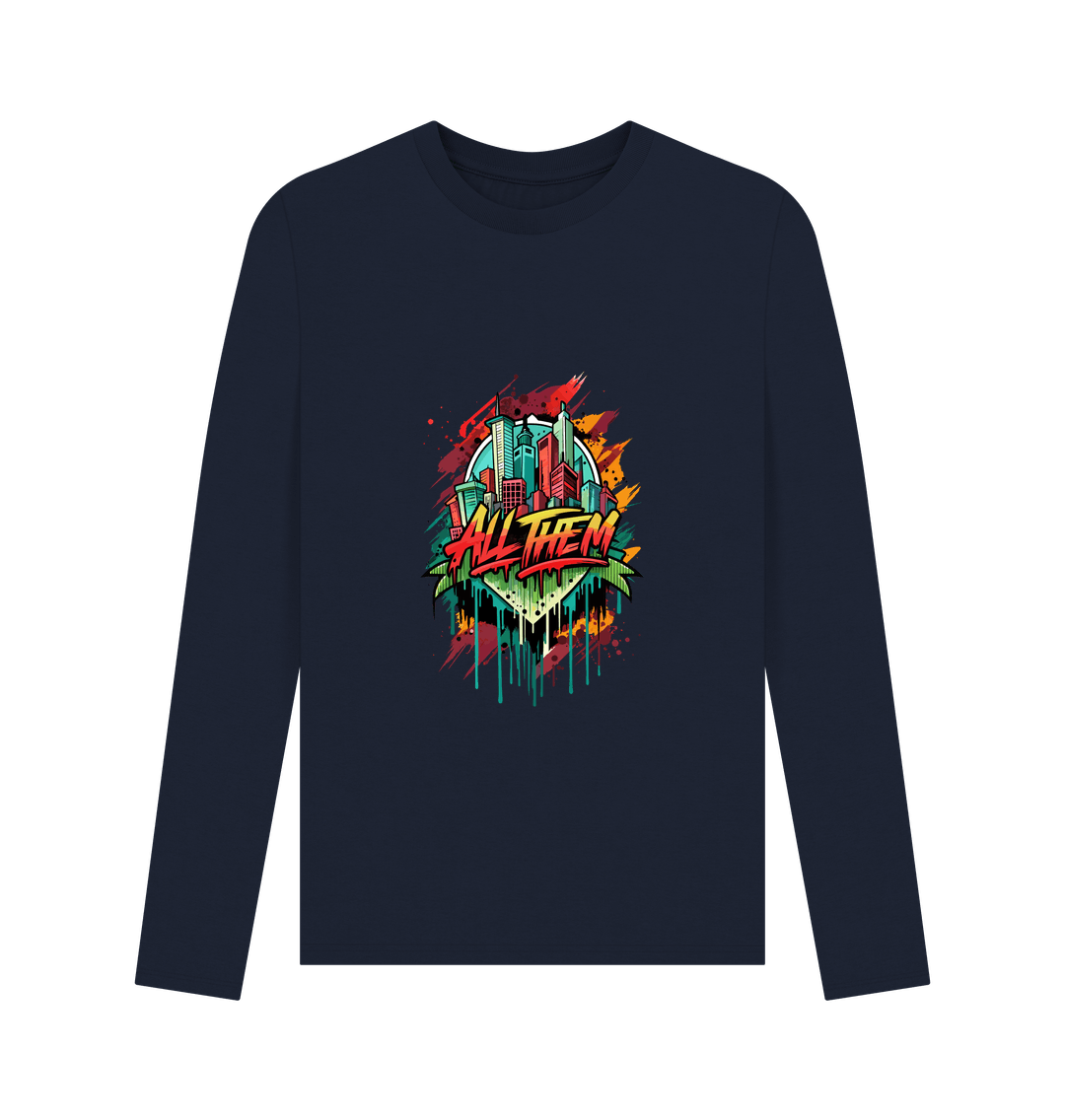 Navy blue long-sleeved t-shirt with colorful cityscape graphic