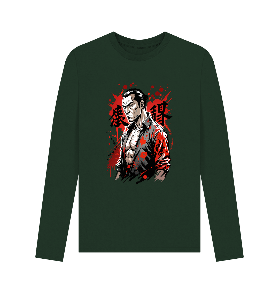 Green long-sleeved t-shirt with graphic design