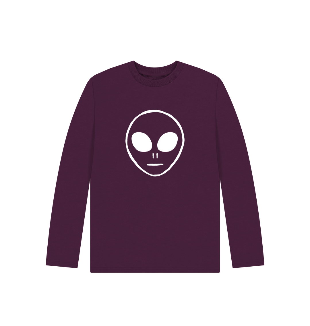 Maroon long-sleeved t-shirt with white alien face design