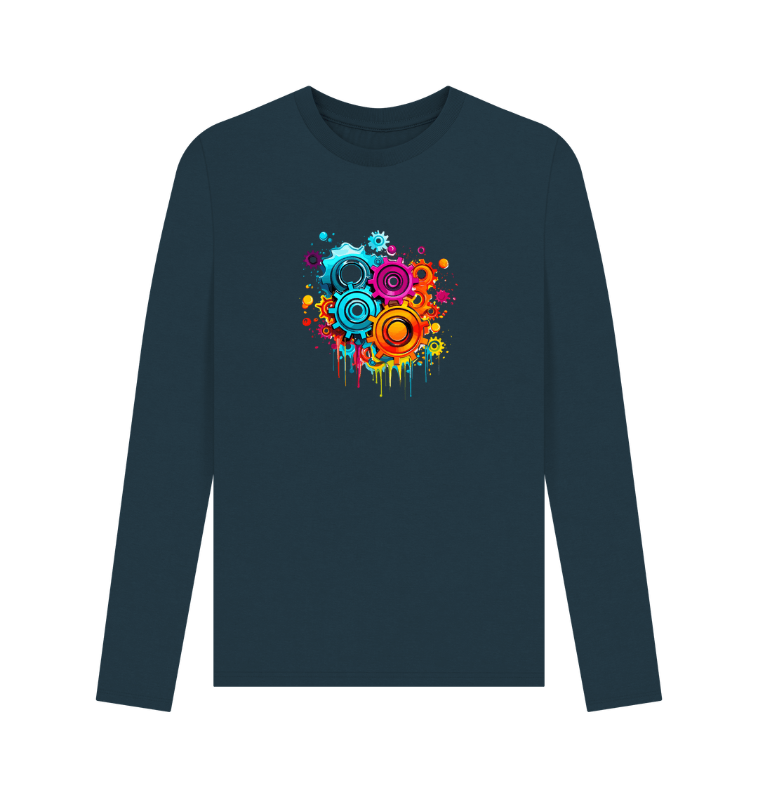 Dark blue long-sleeved t-shirt with colorful gear design