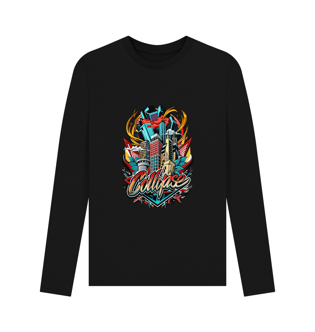 Black long-sleeved t-shirt with colorful cityscape graphic