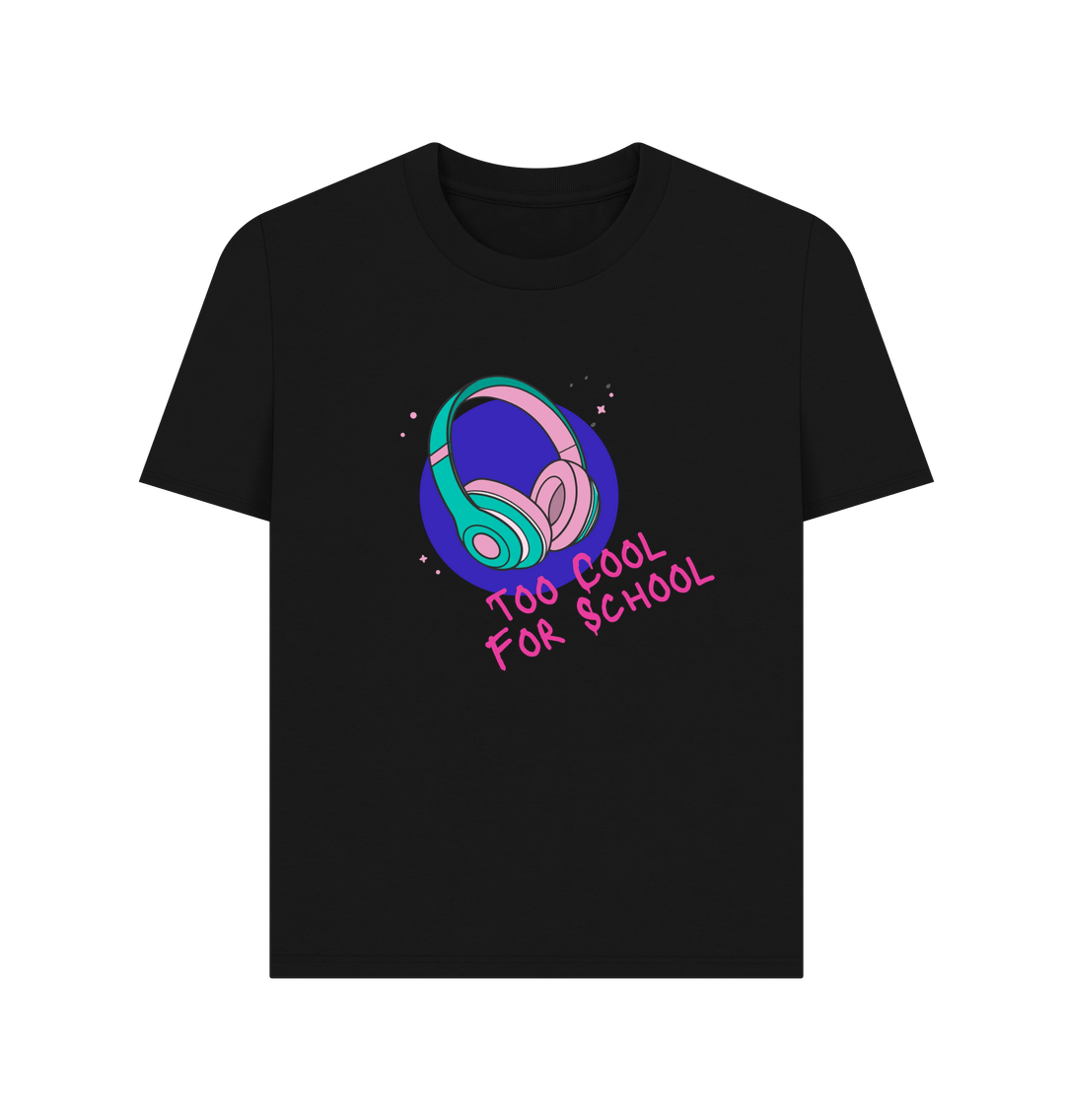 Black t-shirt with headphones and text