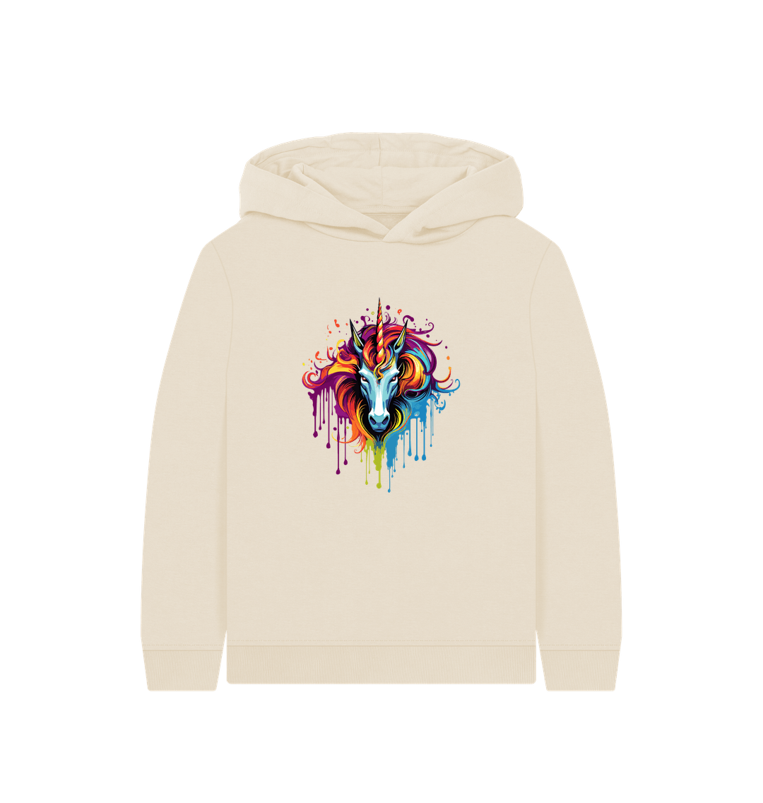 Cream hoodie with colorful unicorn graphic