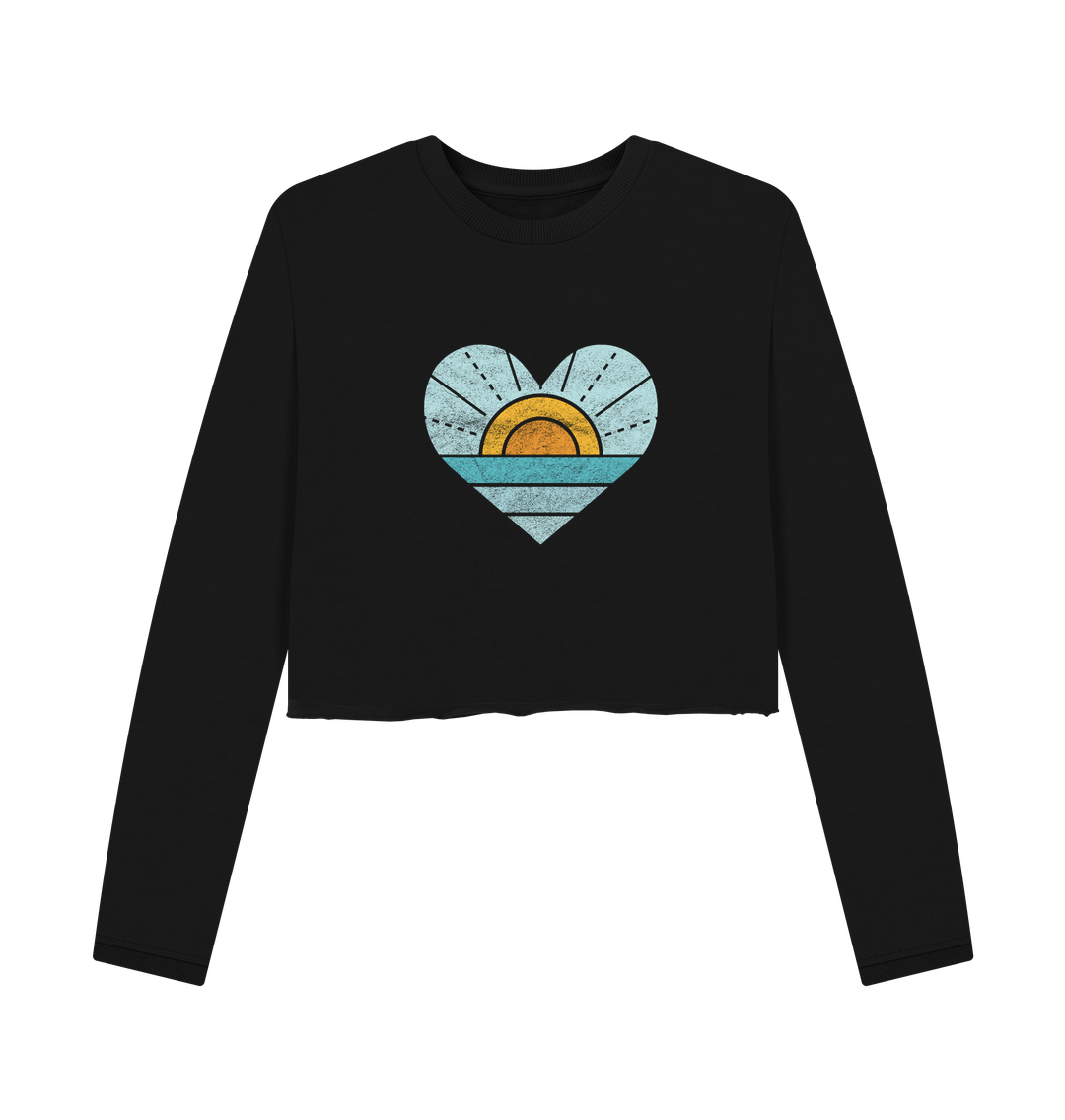 Black cropped sweatshirt with heart-shaped sun design