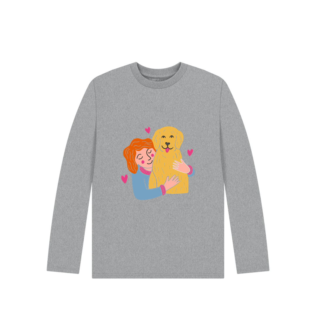 Gray long-sleeved sweatshirt with girl and dog illustration