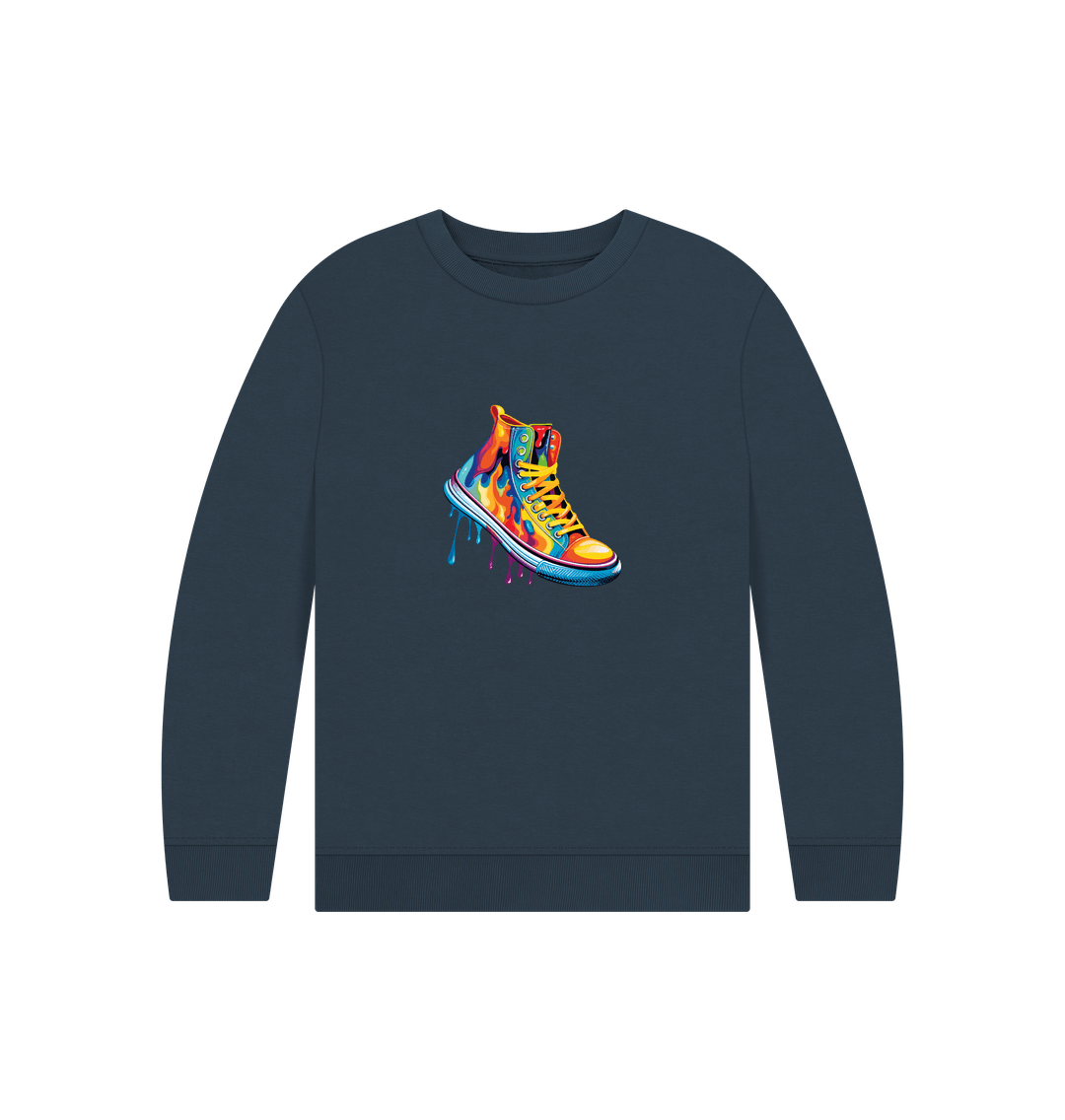 Dark blue sweatshirt with colorful shoe graphic