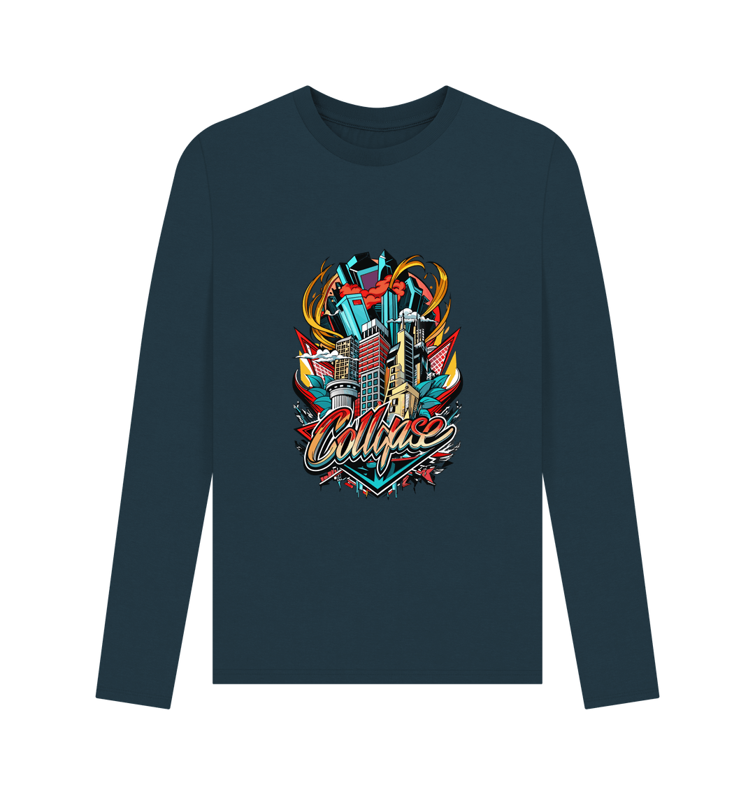 Dark blue long-sleeved t-shirt with colorful cityscape graphic