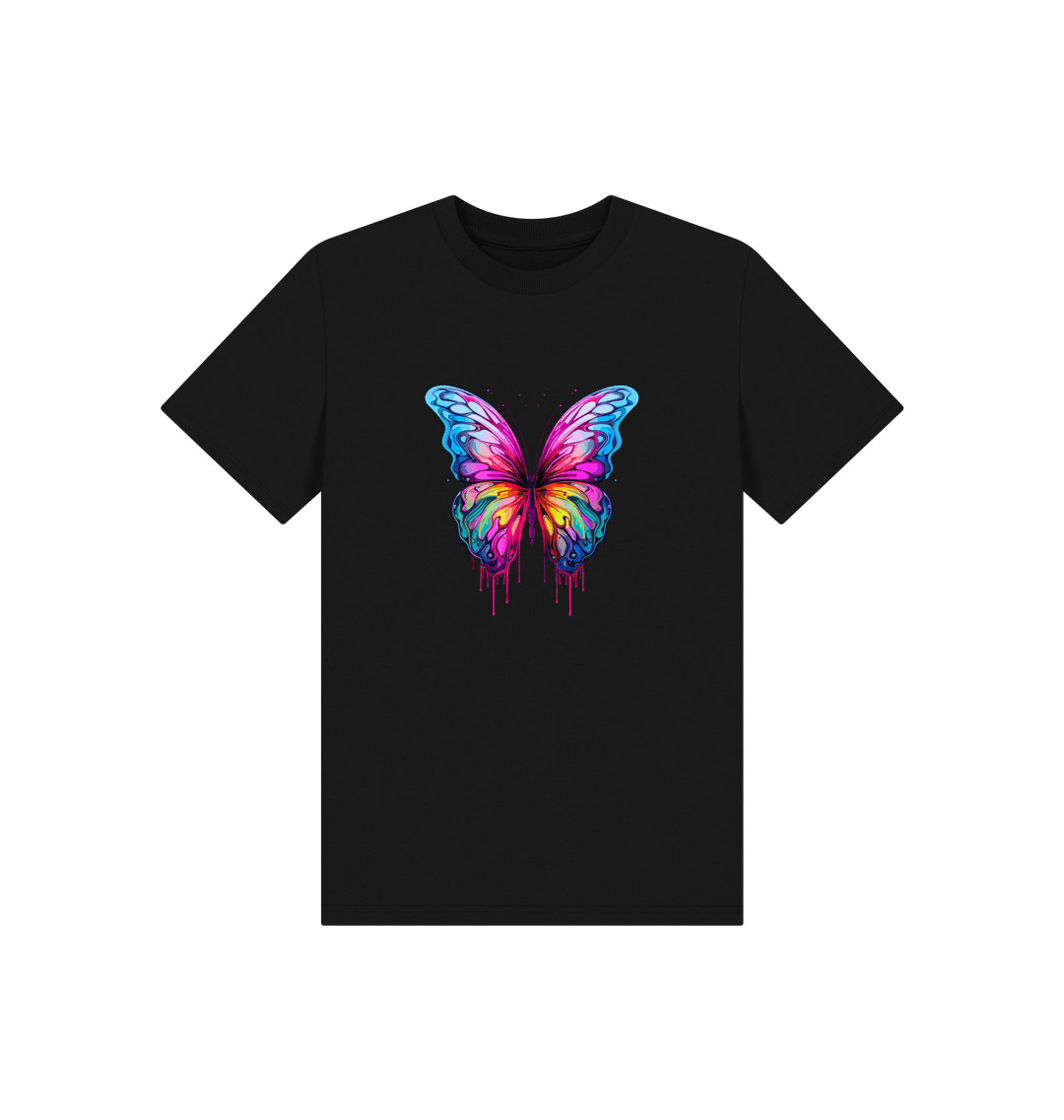 Black t-shirt with colorful dripping butterfly design