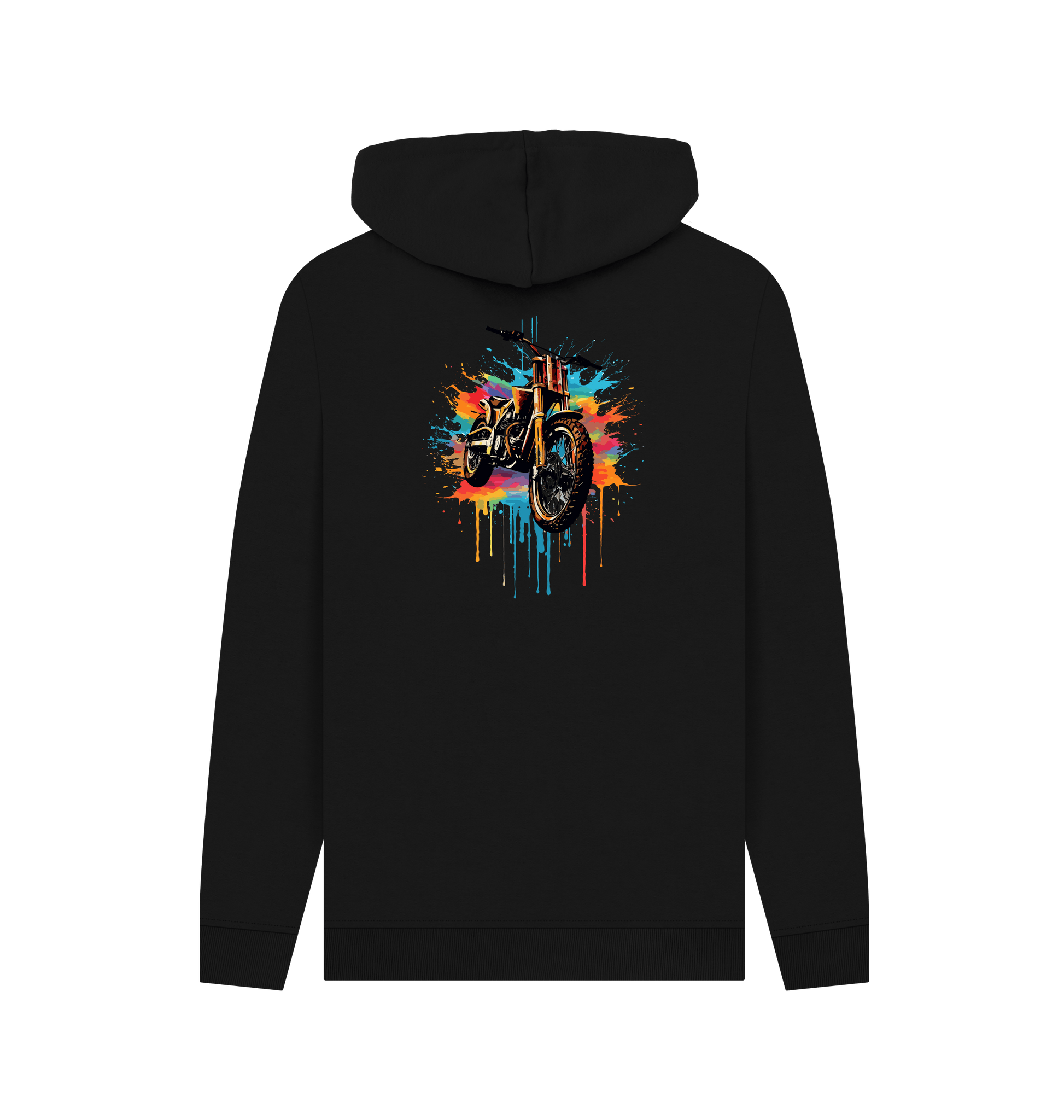 Black hoodie with colorful motorcycle graphic