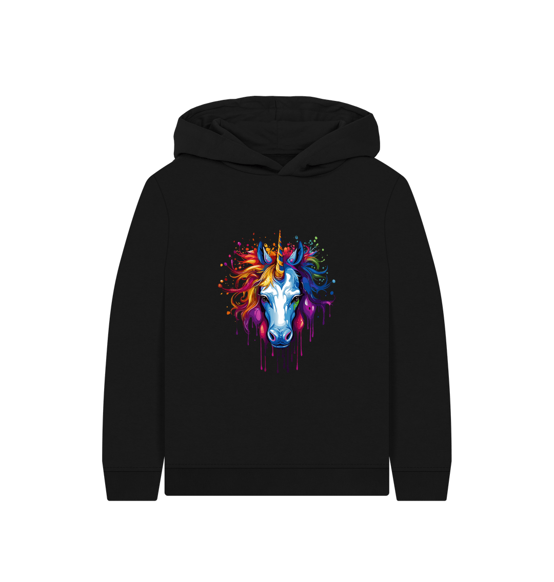 Black hoodie with colorful unicorn design
