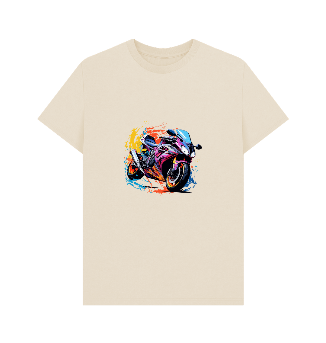 Beige t-shirt with colorful motorcycle graphic