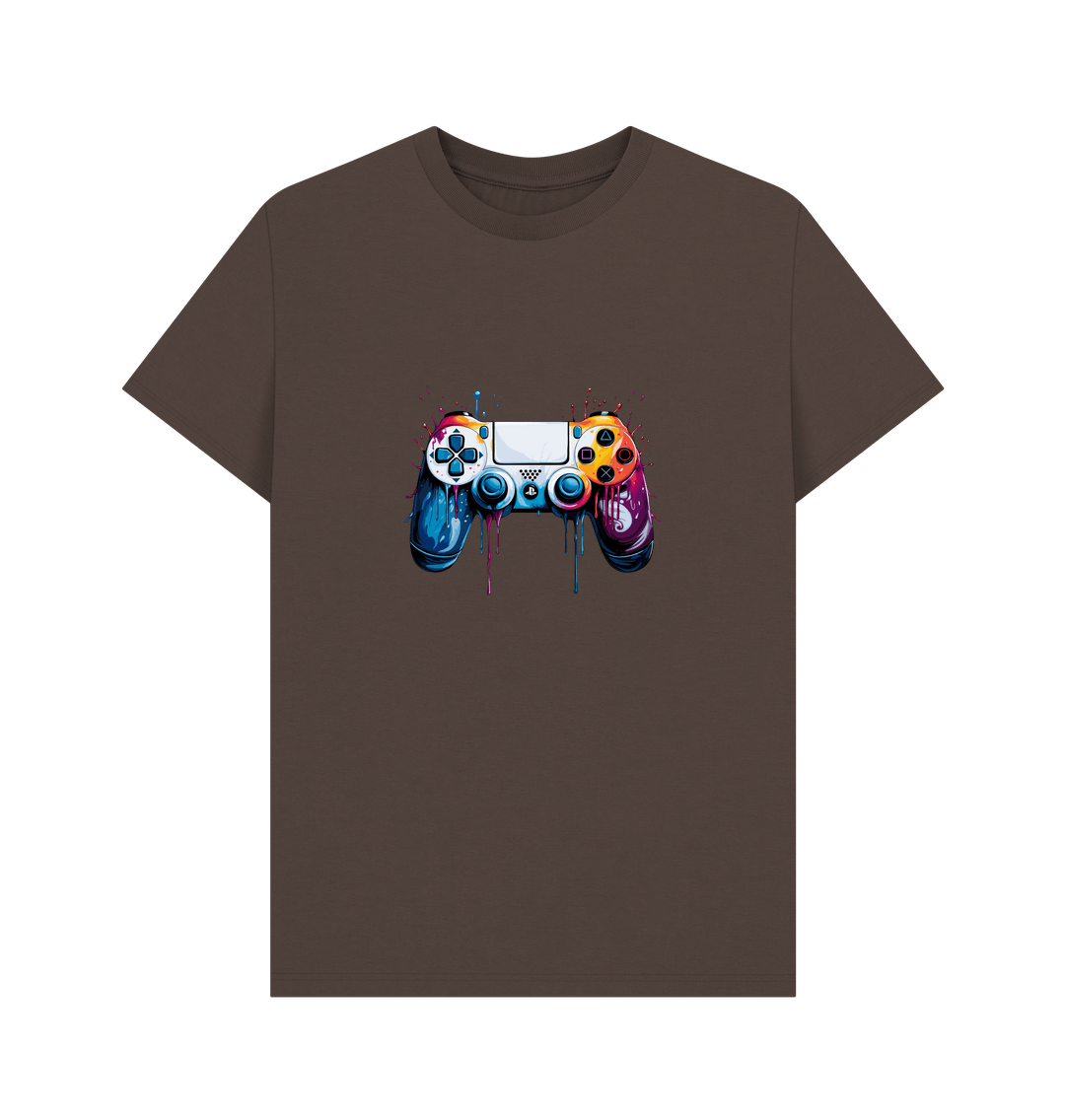 Brown t-shirt with colorful game controller graphic