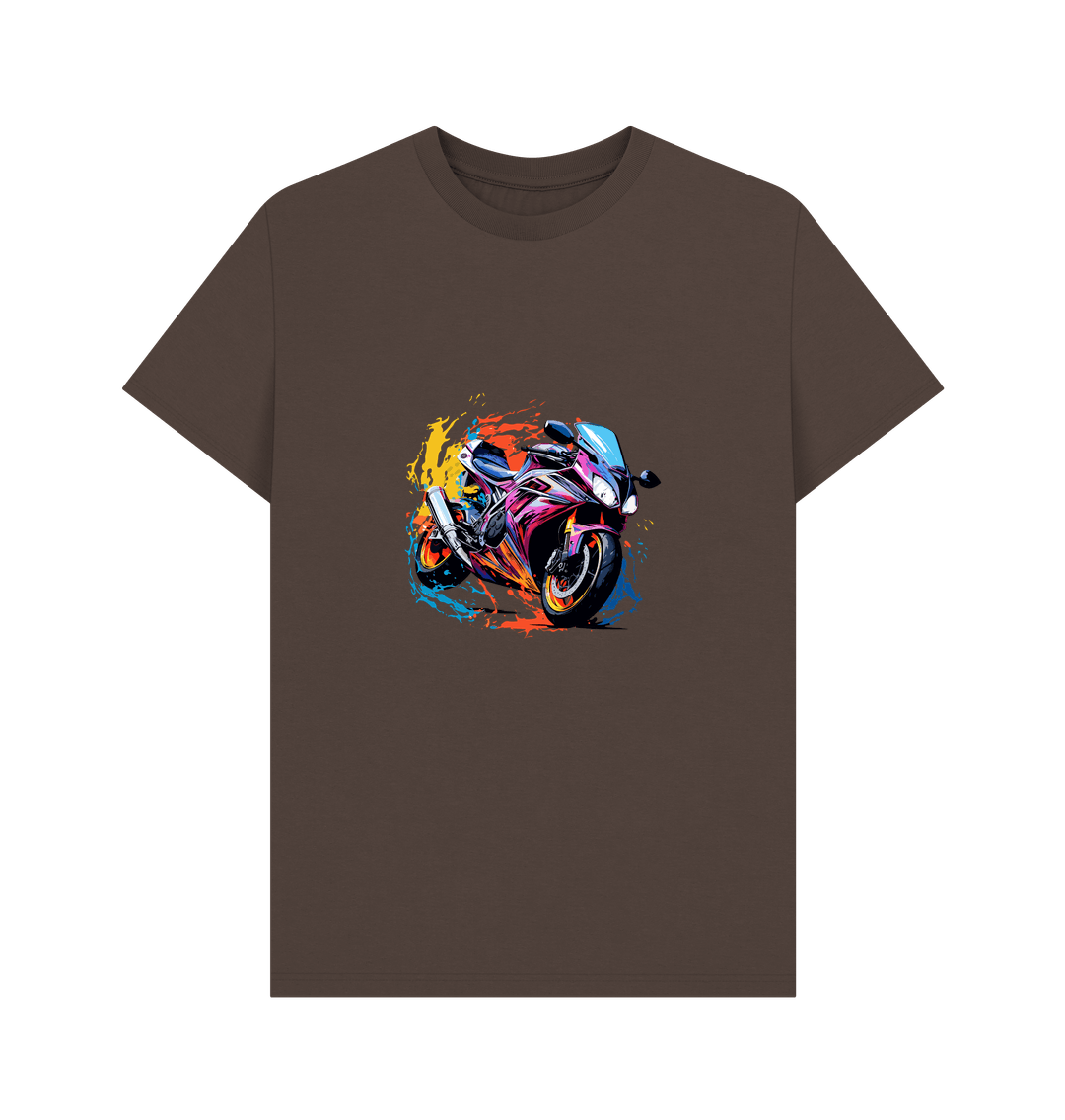 Brown t-shirt with colorful motorcycle graphic