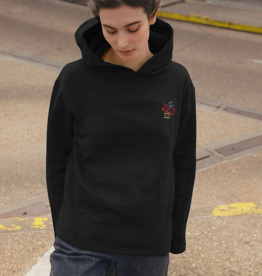 Black hoodie with "FUTURE SAKE" text (person)