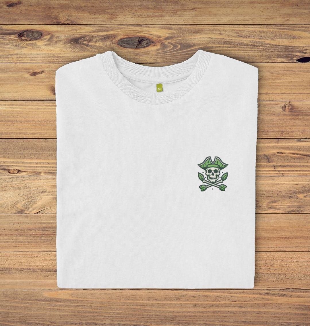White t-shirt with pirate skull logo