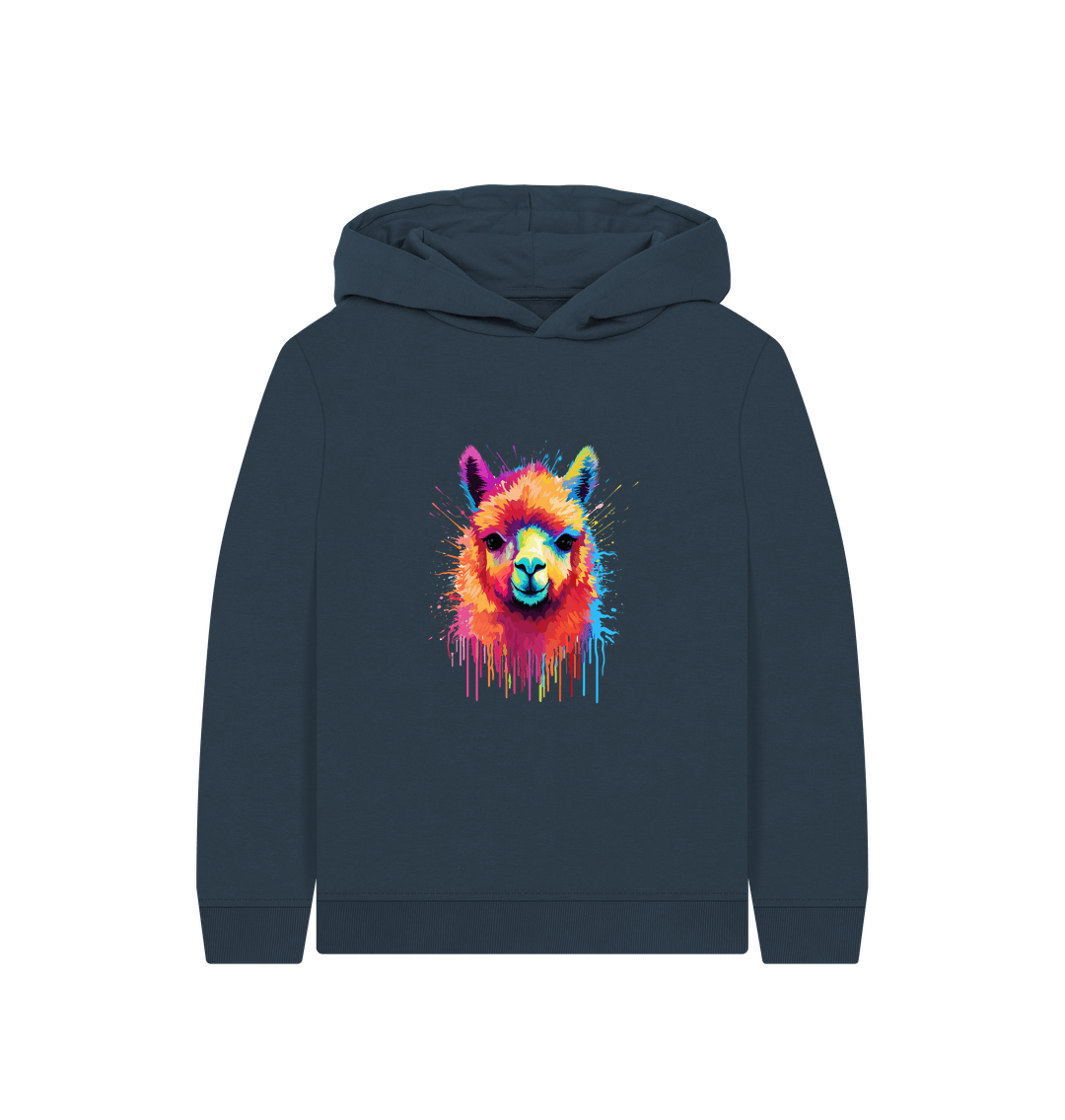 Colorful llama hoodie with vibrant splatter design