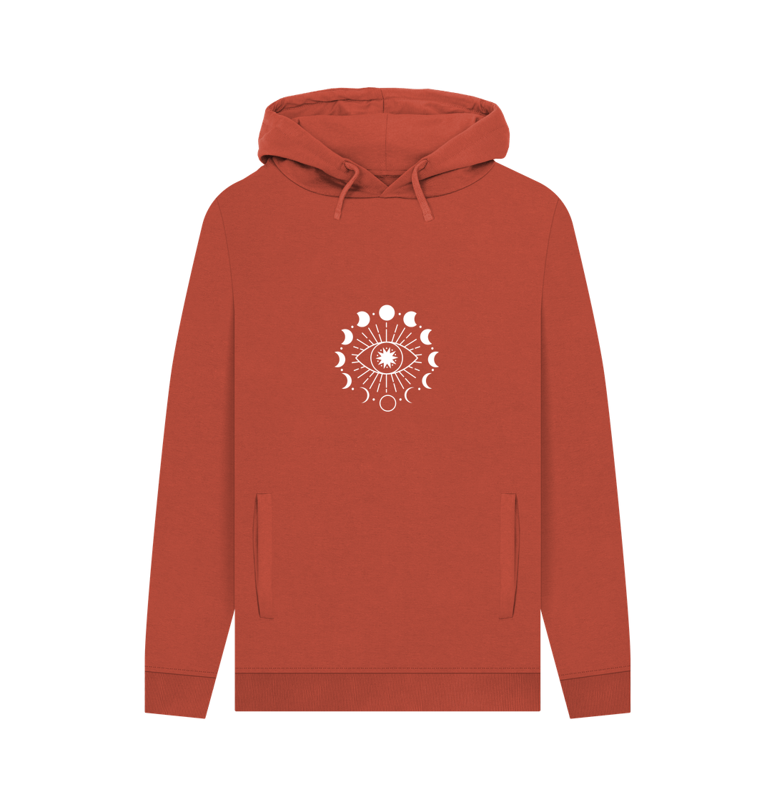 Burnt orange hoodie with white celestial design