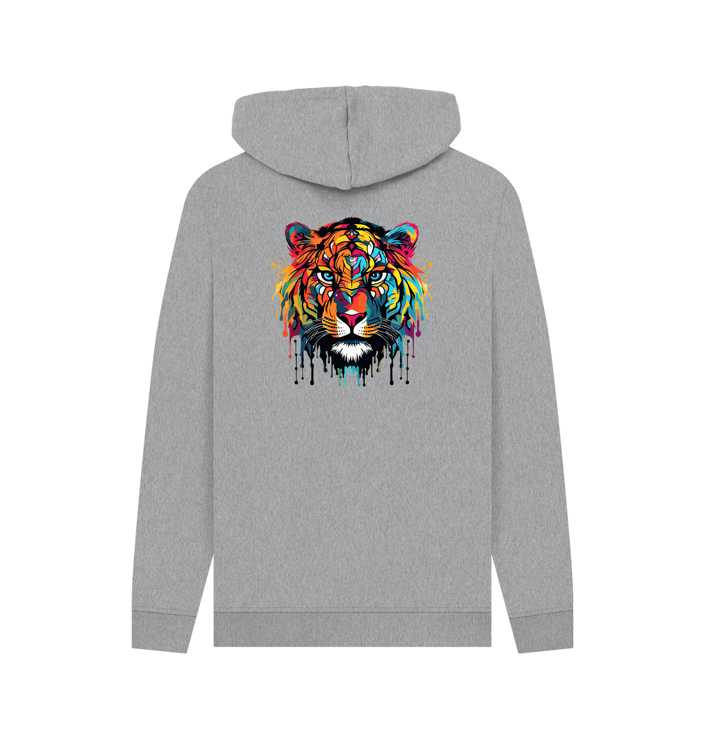 Gray hoodie with colorful tiger graphic