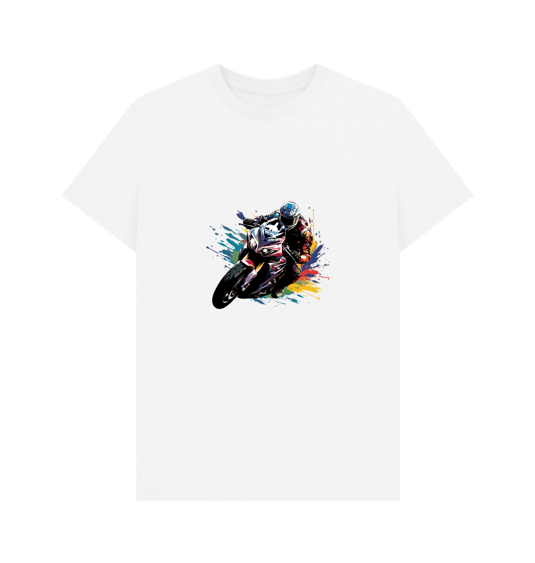 White t-shirt with motorcycle graphic