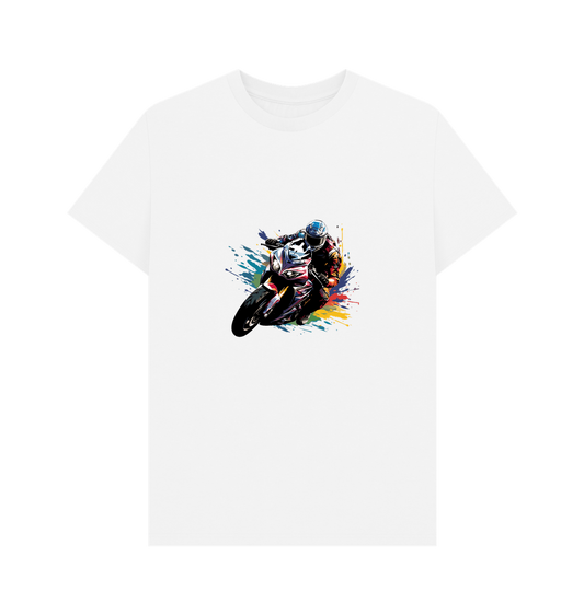 White t-shirt with motorcycle graphic