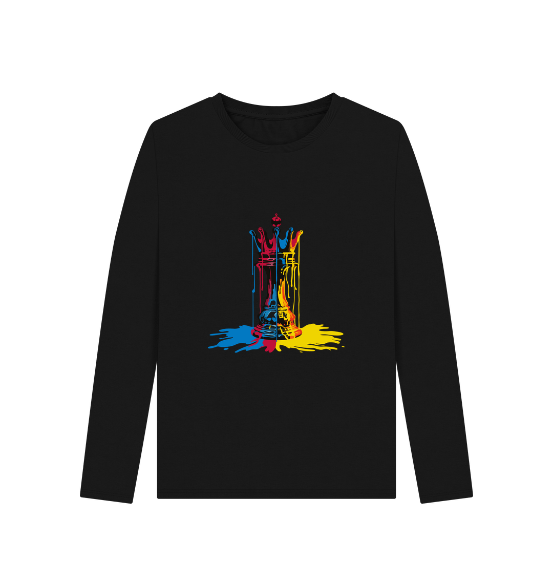 Black long-sleeved t-shirt with colorful graphic