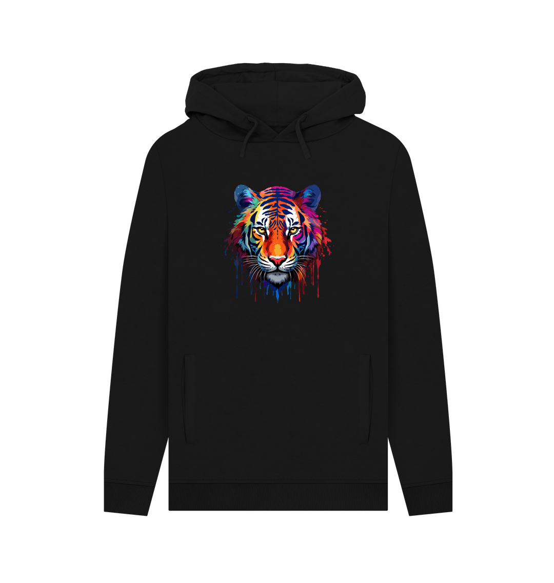 Black hoodie with colorful tiger graphic
